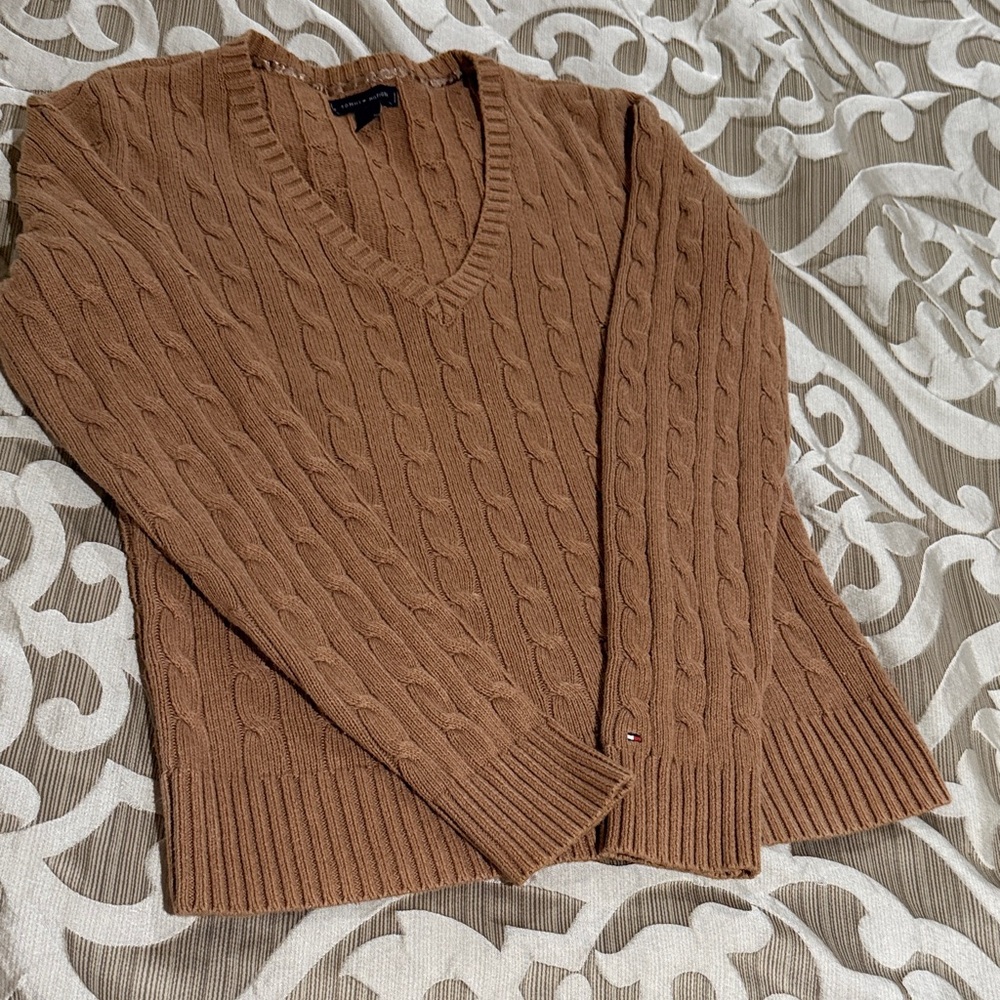 Tommy Hilfiger Brown Cable Knit V-Neck Sweater